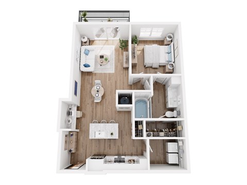 A top-down view of a small, well-organized apartment with a kitchen, living room, and bathroom.